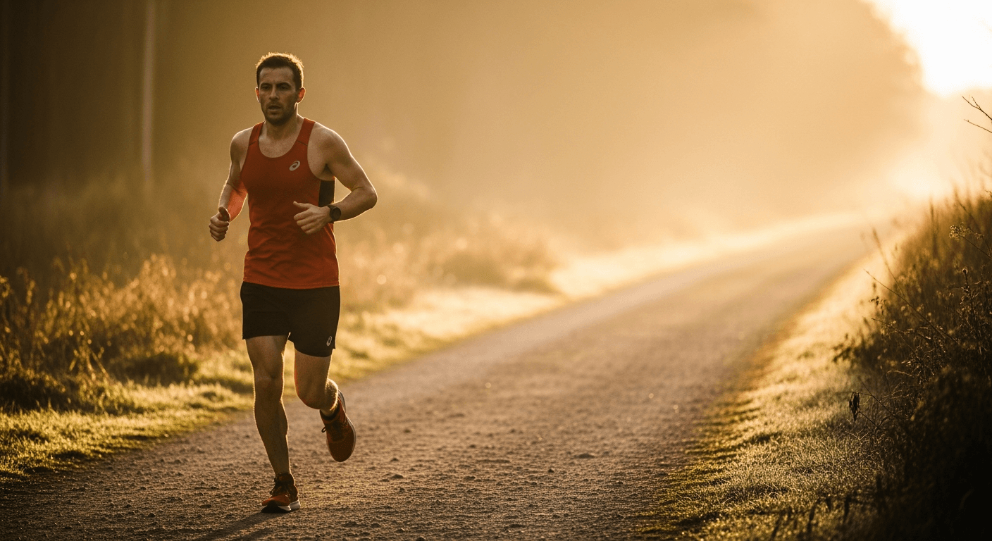 A runner mid-stride on a morning trail, captured in soft golden light with shallow depth of field.