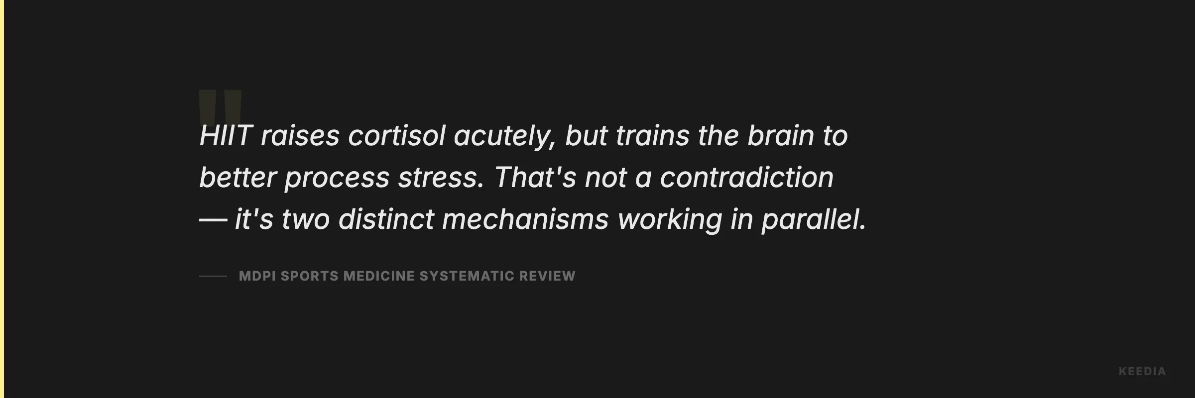 HIIT raises cortisol acutely, but trains the brain to better process stress. That's not a contradiction — it's two distinct mechanisms working in parallel.