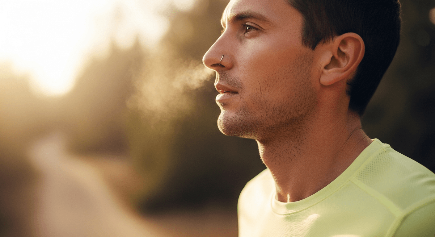 Male runner breathing through his nose mid-stride on a trail during golden-hour light.