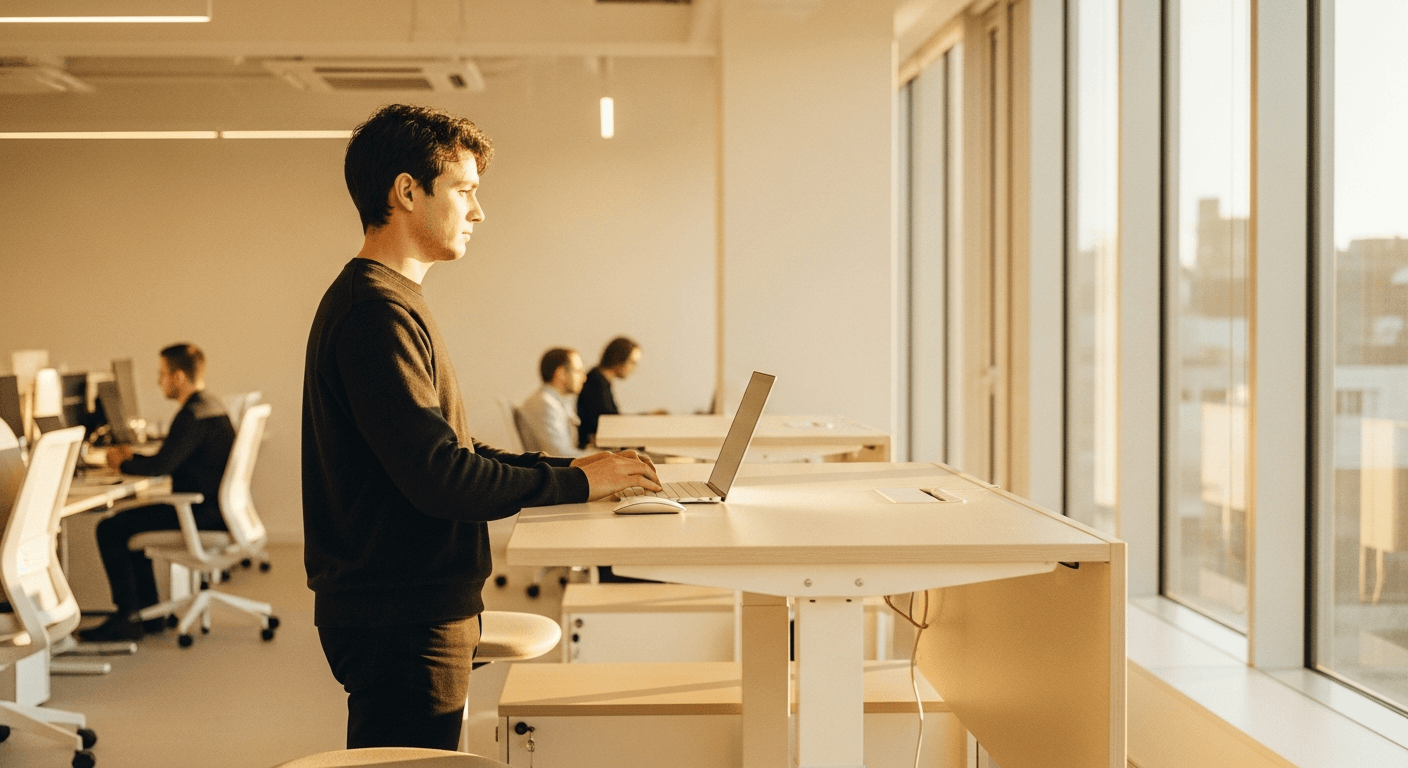 Person standing at a raised sit-stand desk in a bright modern office with large windows.