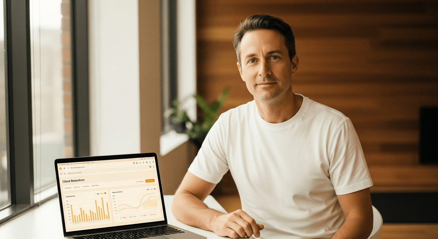 Male coach at modern desk looking at camera with laptop displaying client retention dashboard in warm golden light.