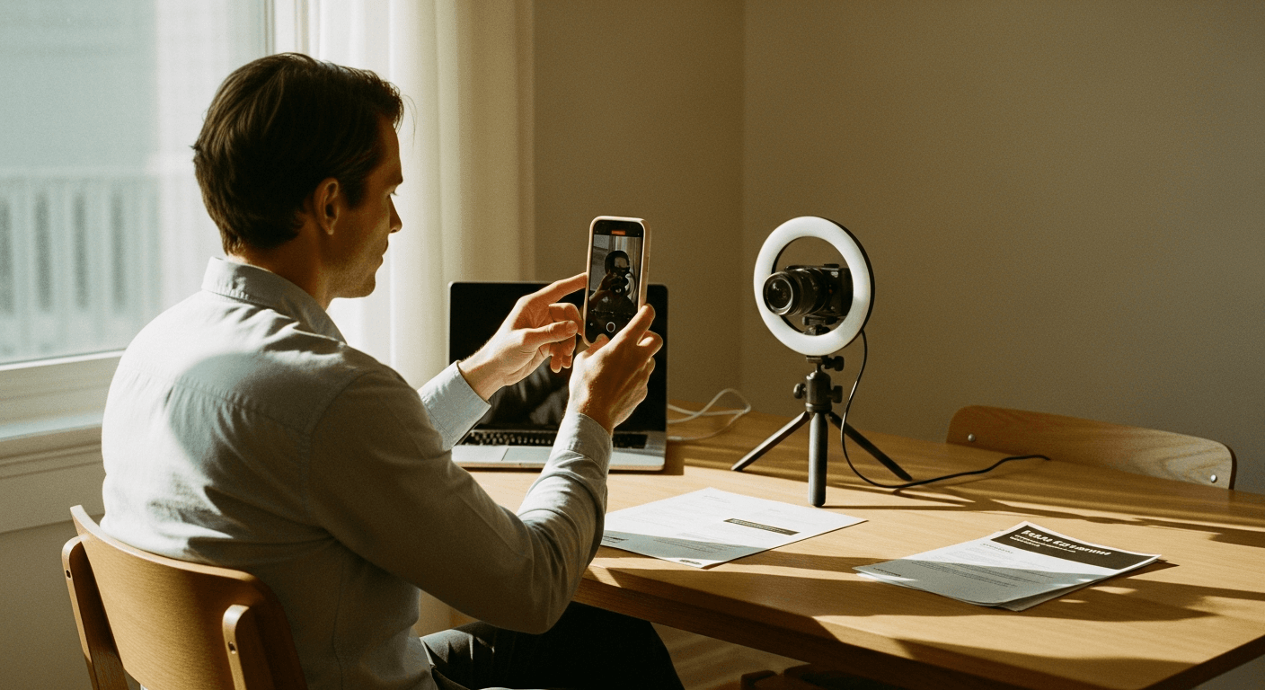 Coach recording video content on smartphone with ring light camera setup at a minimal wooden desk.