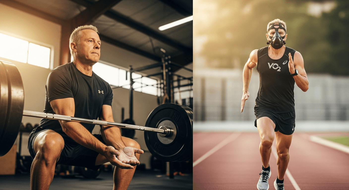 Middle-aged male athlete in split composition: deadlifting on left, running with VO2 mask on right, golden-hour light.