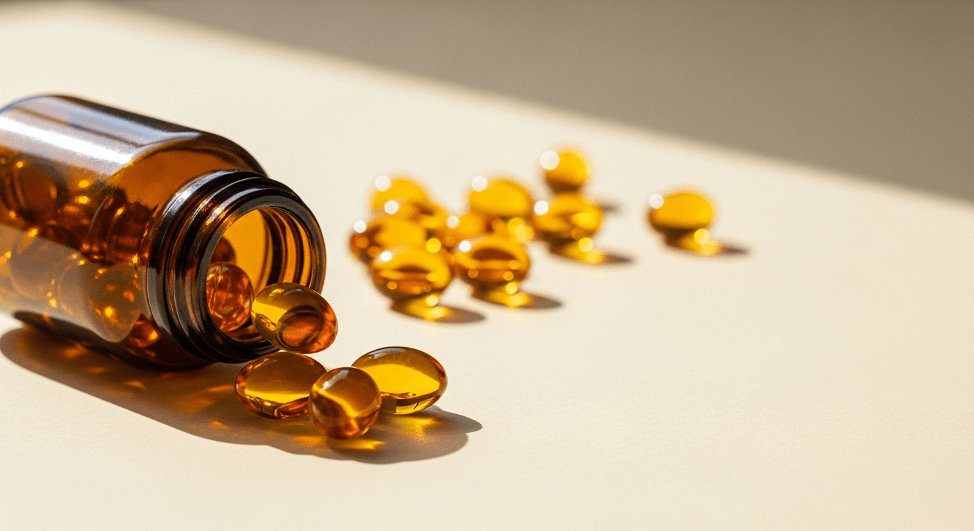 Amber glass bottle of fish oil capsules tipped over with three golden softgels spilled on a warm cream surface.