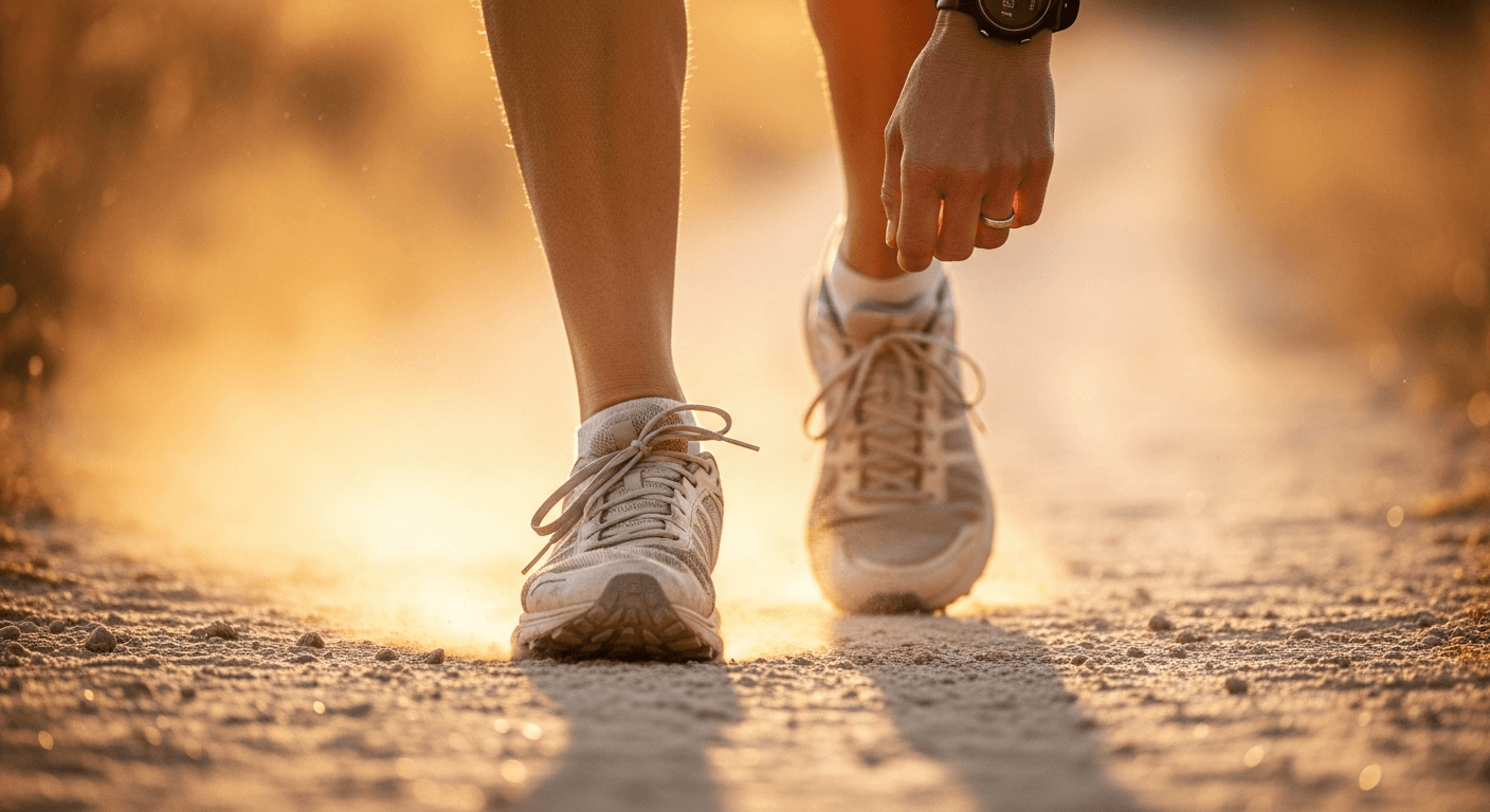 Close-up of a runner's feet in rapid stride on a golden dirt trail, showing quick turnover cadence.