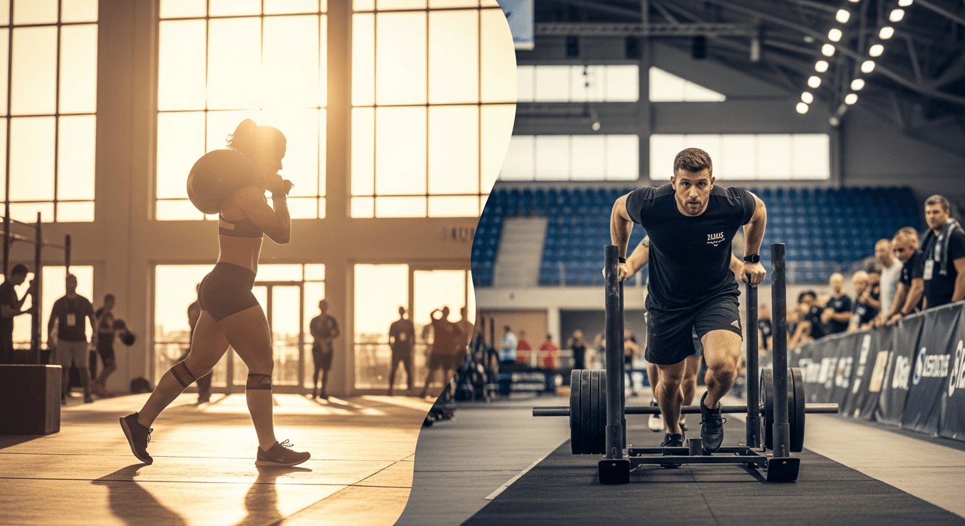 Two HYROX athletes competing simultaneously: a female sandbag carrier in Miami and a male sled pusher in Bologna.