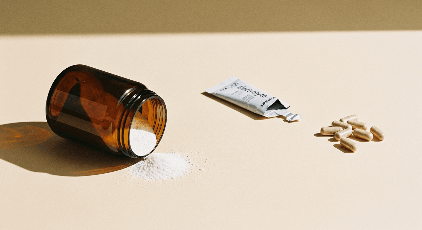 Spilled protein powder, electrolyte sachet, and magnesium capsules arranged on a warm cream surface.