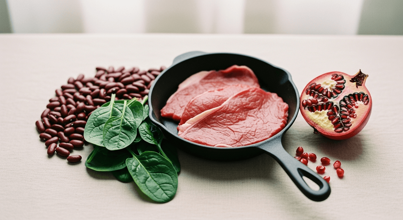 Iron-rich foods including spinach, kidney beans, raw beef, and pomegranate arranged on a warm cream surface.