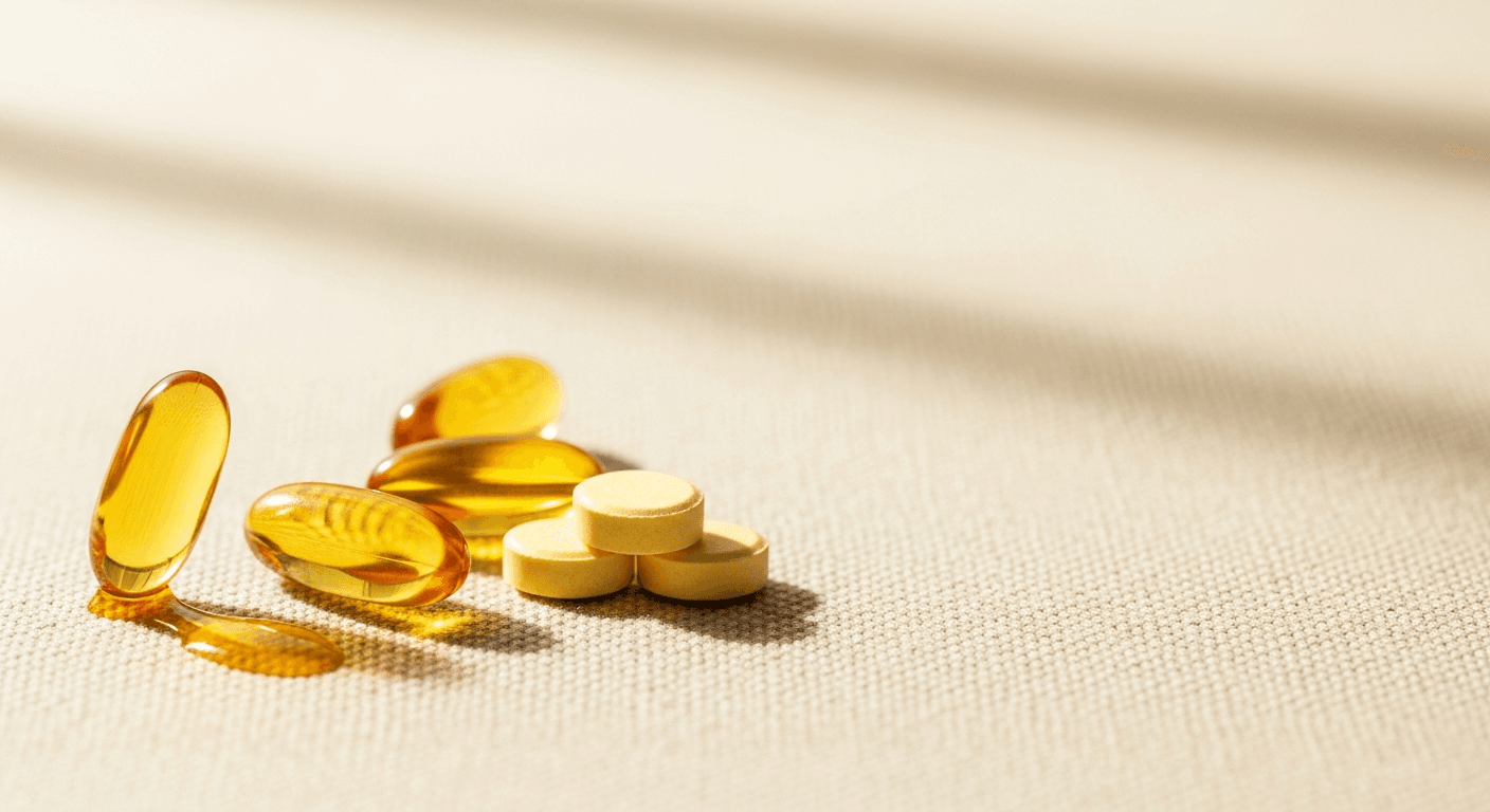 Amber omega-3 capsules and pale yellow vitamin D tablets arranged on warm cream linen with soft light.