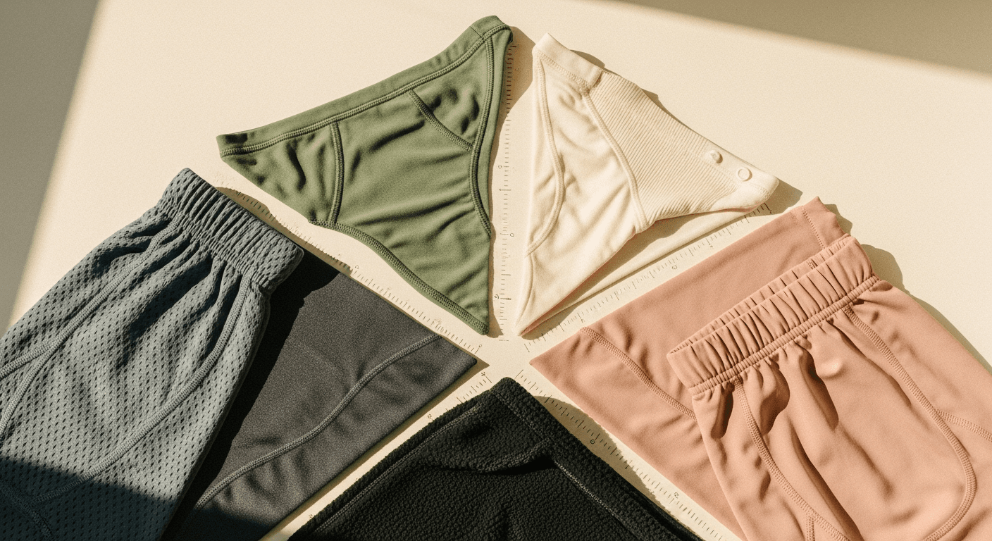 Five activewear fabric swatches arranged in a radial grid with pencil lines on cream background, representing market structure.