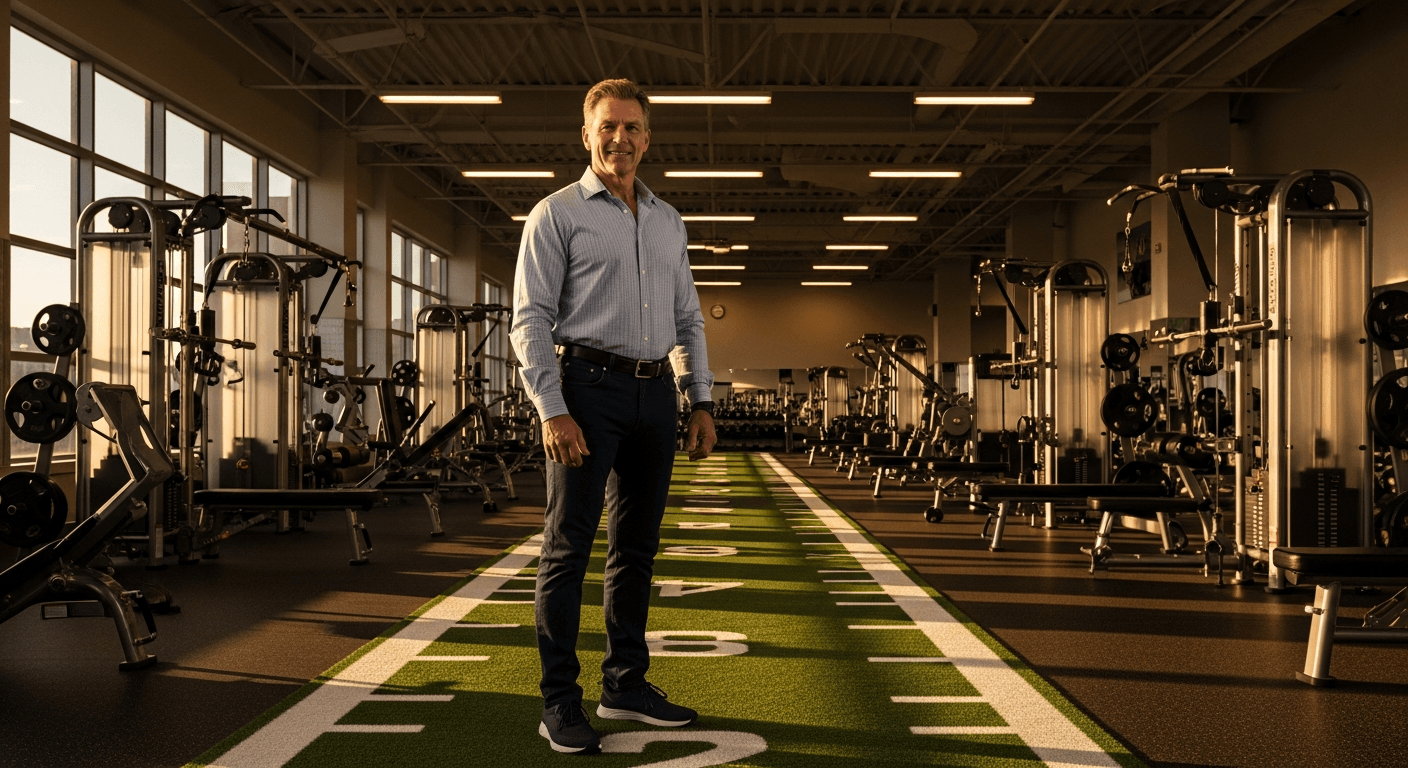 A businessman in business casual attire stands confidently on a gym floor lit by warm golden afternoon light.