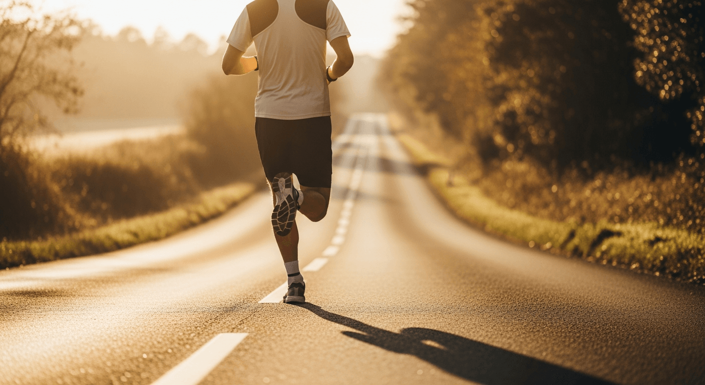 A lone runner in mid-stride climbs the rolling Newton Hills at golden dawn.