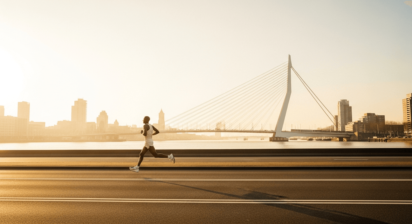 Runner mid-stride at dawn with Rotterdam's Erasmus Bridge glowing in warm golden light.