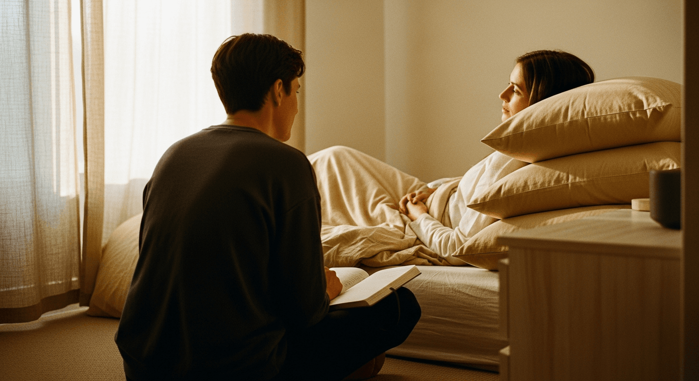 A sleep coach leans forward in conversation with a client resting in bed during a clinical consultation in a calm, minimally furnished room.