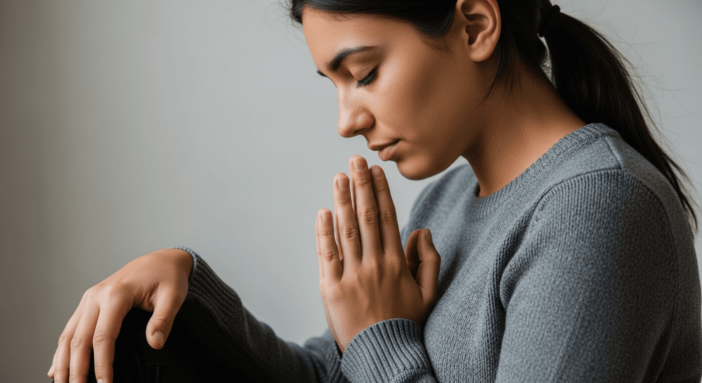 Person seated with eyes closed, hand on chest, in quiet contemplation bathed in warm golden light.