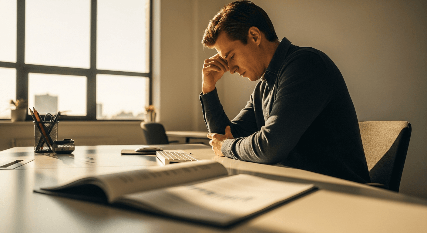 A fatigued person seated at a desk with financial documents in a bright minimalist office with soft golden light.