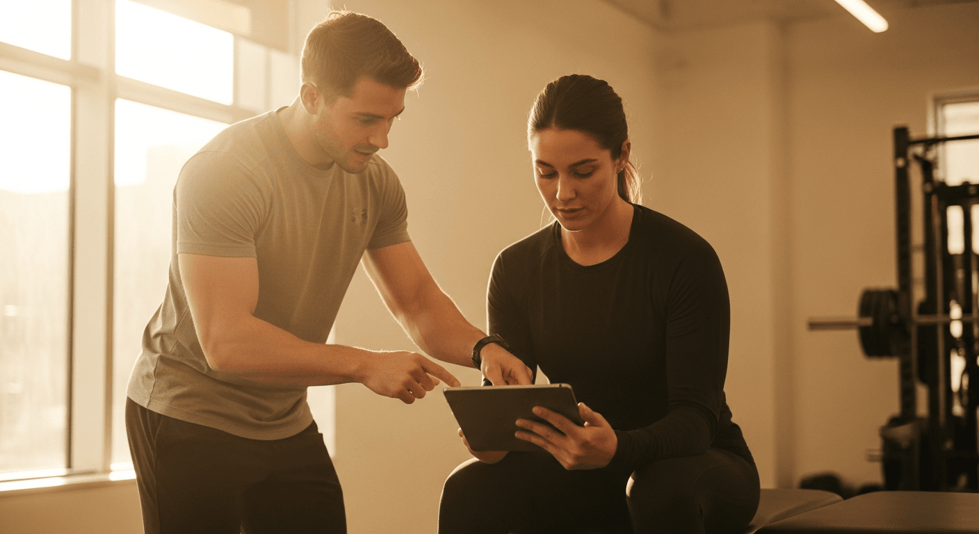 A fitness coach gestures toward a tablet with a seated client in a modern studio with warm golden natural light.