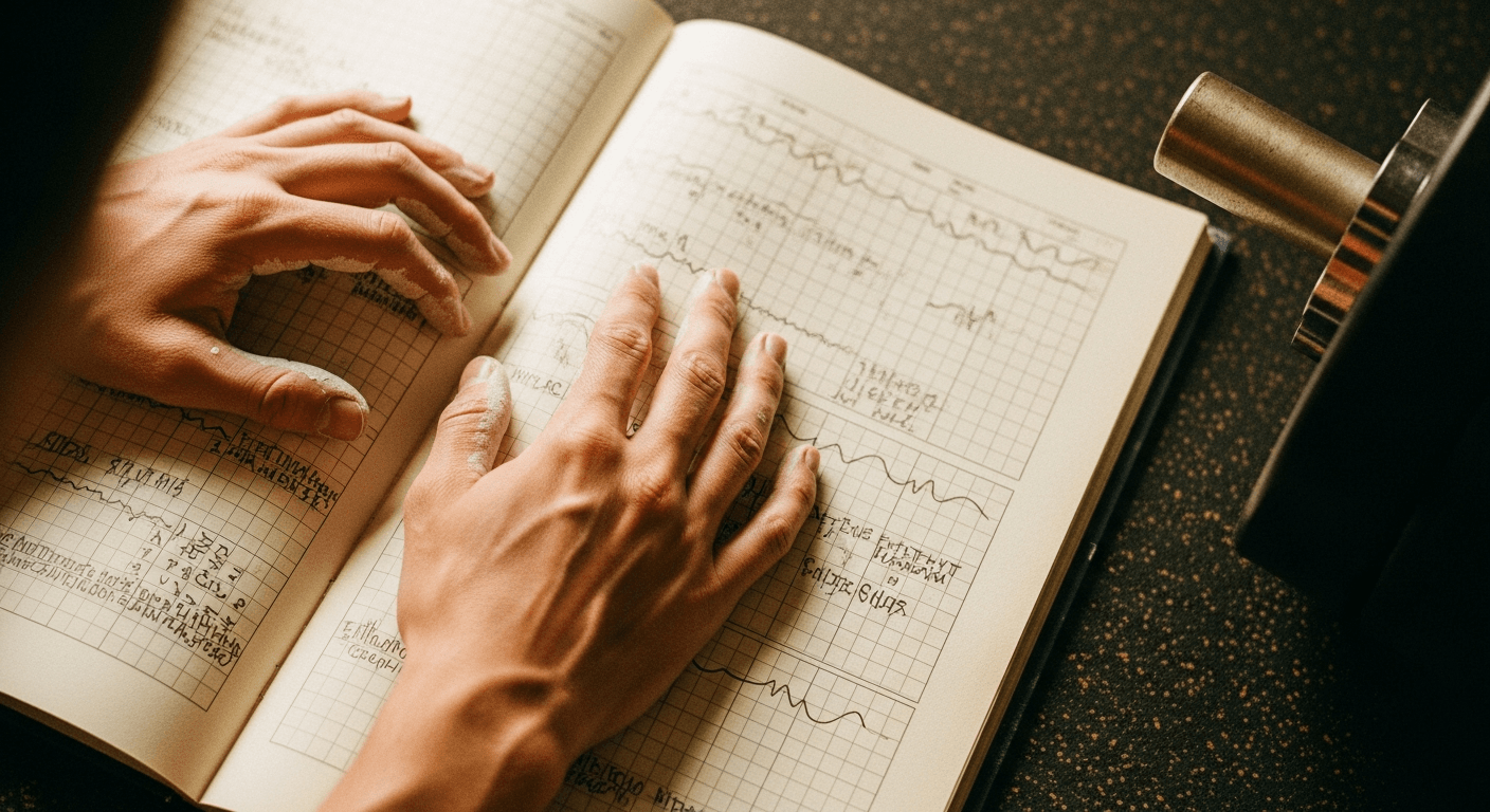 Chalk-dusted hands resting on a training log with block and wave pattern diagrams beside a loaded barbell.