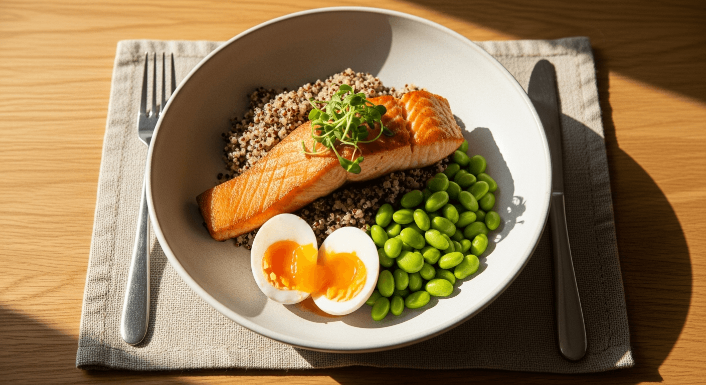Ceramic bowl with seared salmon, quinoa, soft-boiled egg, and edamame bathed in warm golden natural light.