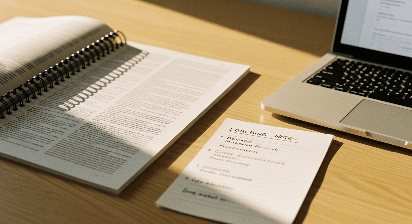 Open research document, handwritten coaching notes, and laptop arranged on light wood surface in warm golden light.