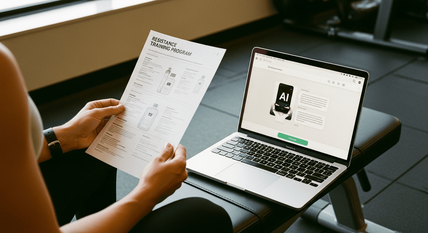 A trainer compares a printed training program and an AI chat interface on a laptop in a gym setting.