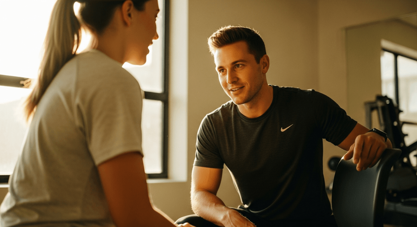 A coach listens attentively to a seated client after a training session in warm golden light.