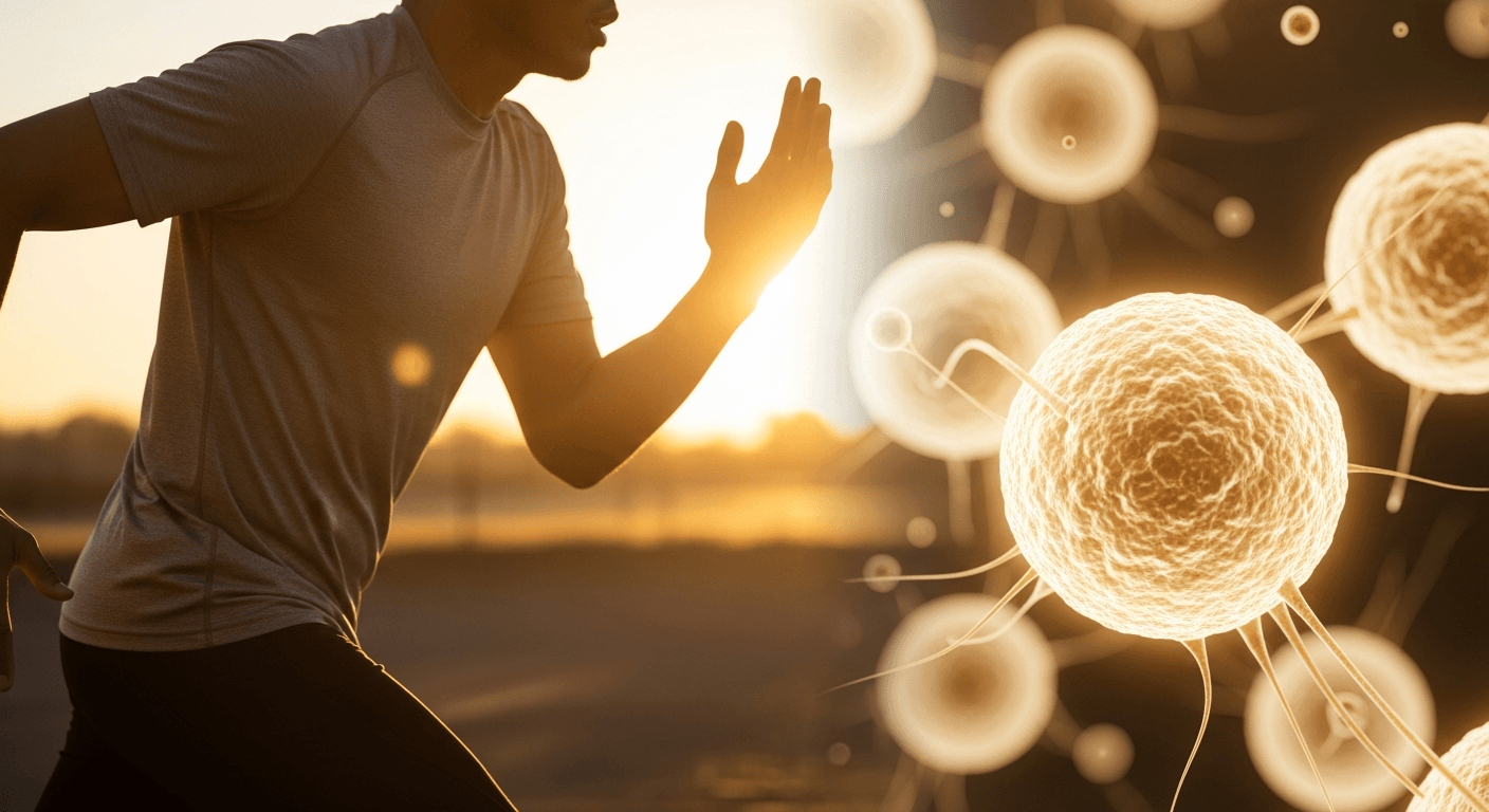 Split-frame image of a runner mid-stride on the left and glowing microbiome clusters on the right.