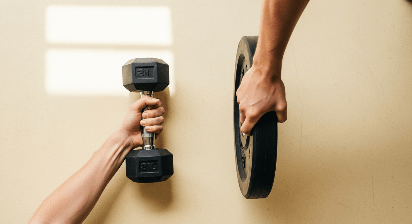 Two hands on a gym floor: one loosely holding a small dumbbell, the other gripping a heavy weight plate.