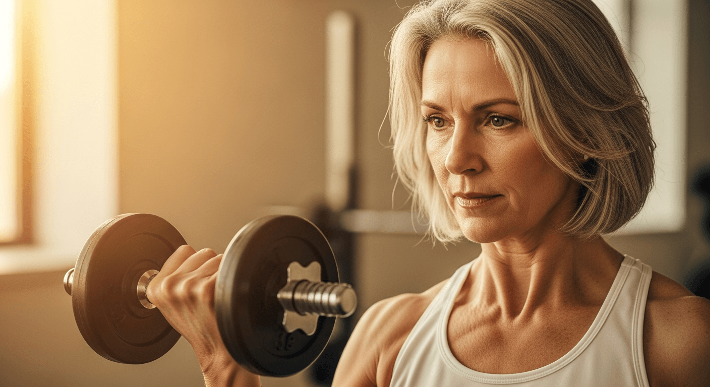 Mature woman with silver hair performing a dumbbell curl in a warmly lit home gym space.