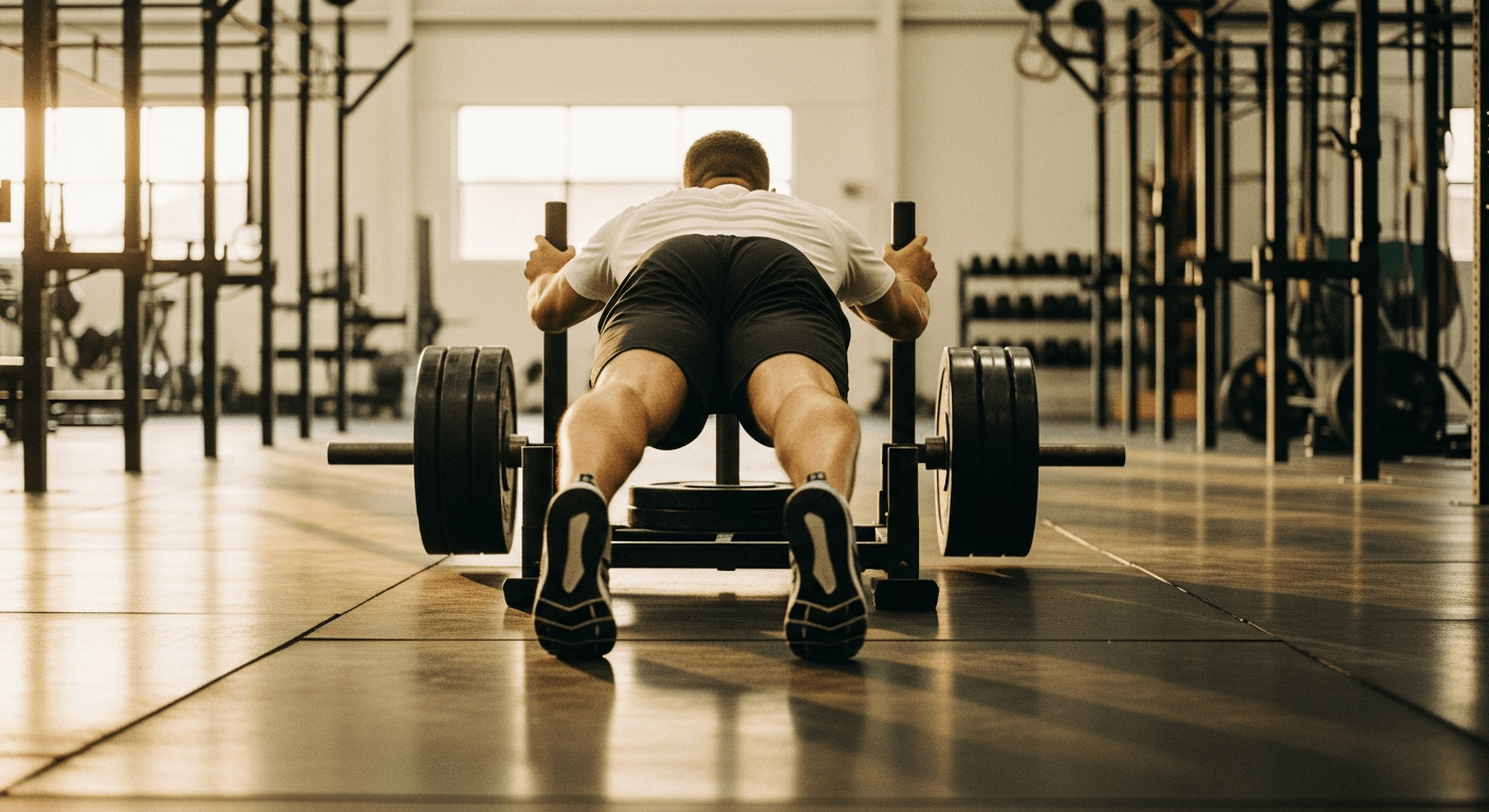 Male athlete pushing a heavy sled across gym floor in a low power stance during HYROX training.