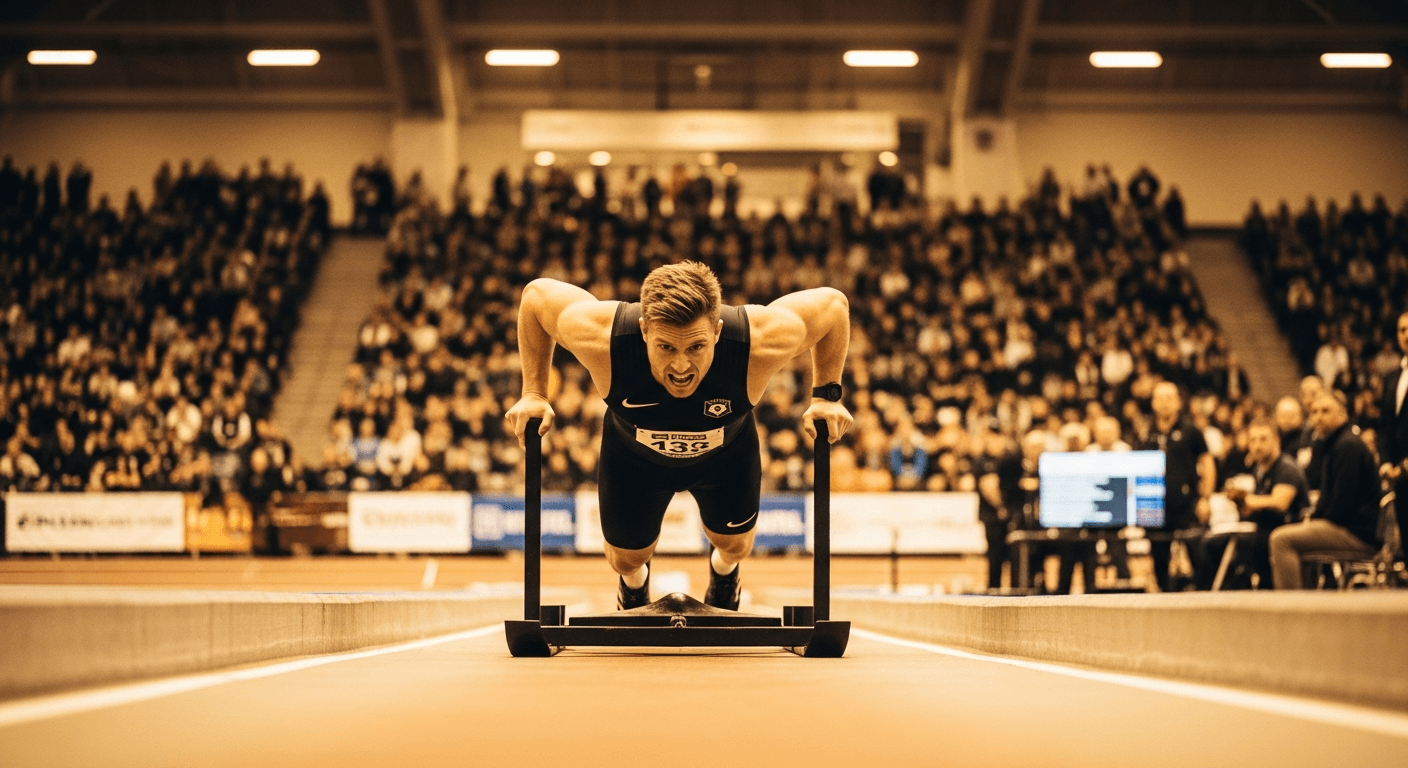 Male athlete straining hard while pushing a sled during an indoor HYROX competition.