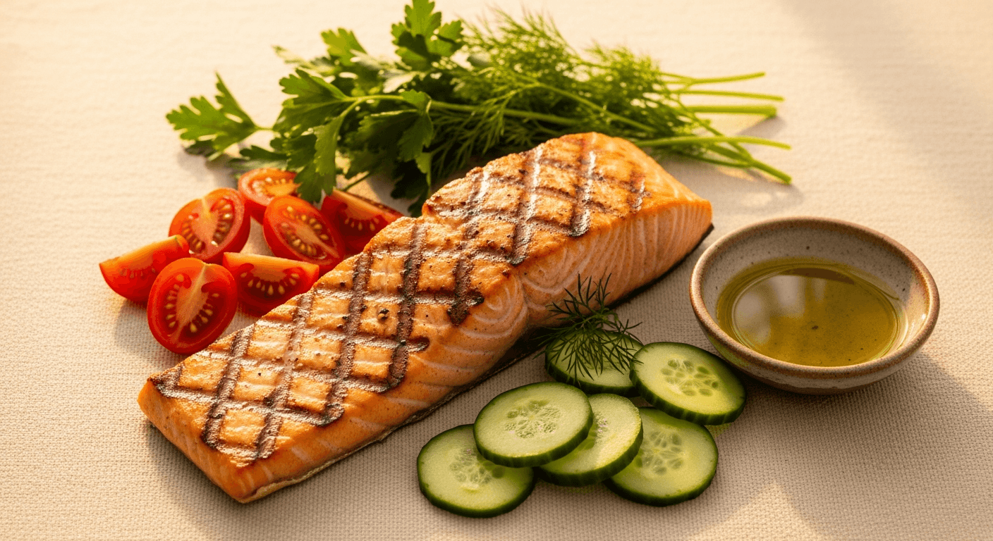 Grilled salmon fillet surrounded by tomatoes, cucumber, and herbs on a cream linen surface.