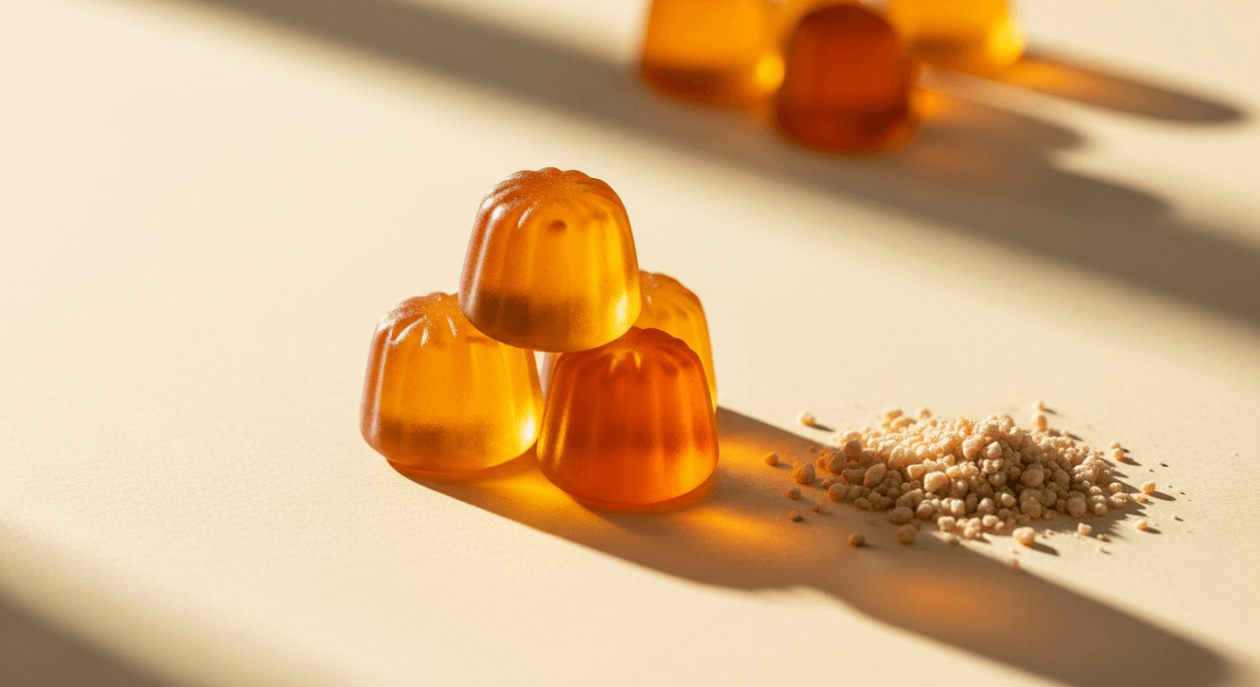 Three translucent amber creatine gummies with powder crystals scattered on a cream surface.