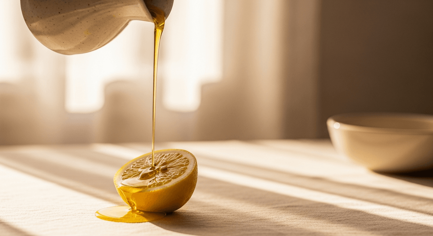 Golden olive oil pours onto a halved lemon against a warm cream background.