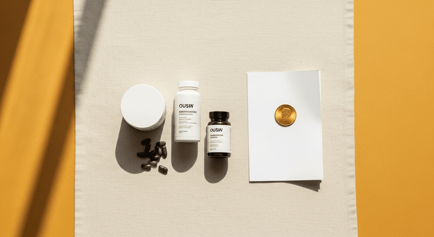 Flat-lay of three supplement containers, a gold coin, and a document on a warm cream background.