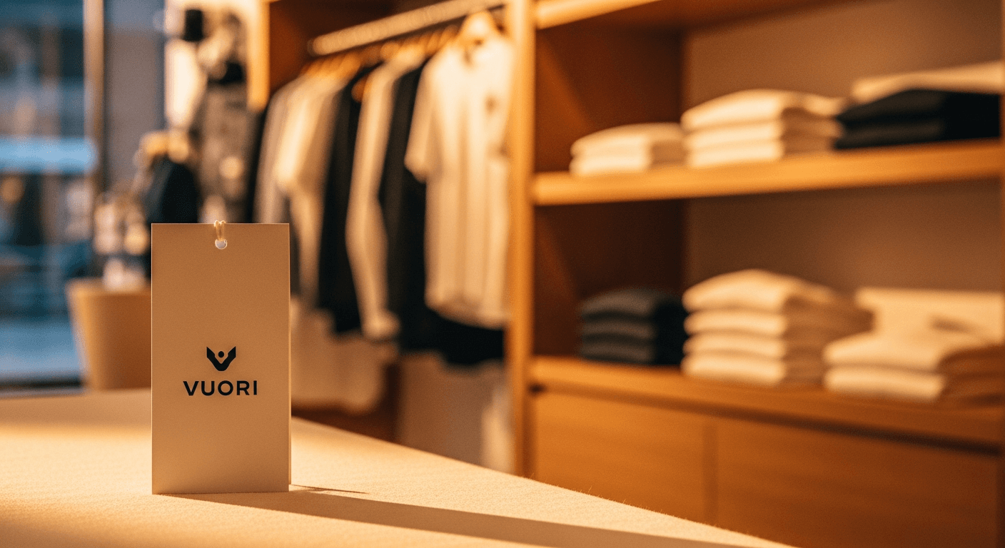 Vuori hang tag in sharp focus with blurred luxury retail storefront reflected in the background.