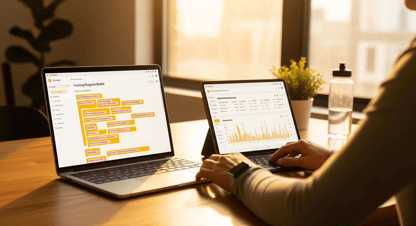 A personal trainer works at a desk with a laptop and tablet displaying AI-powered training program tools in warm golden light.