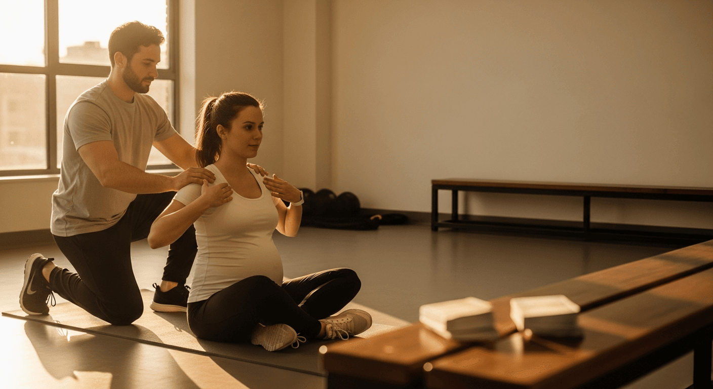 A specialist coach guides a pregnant client through an exercise, with blurred money visible in the background.