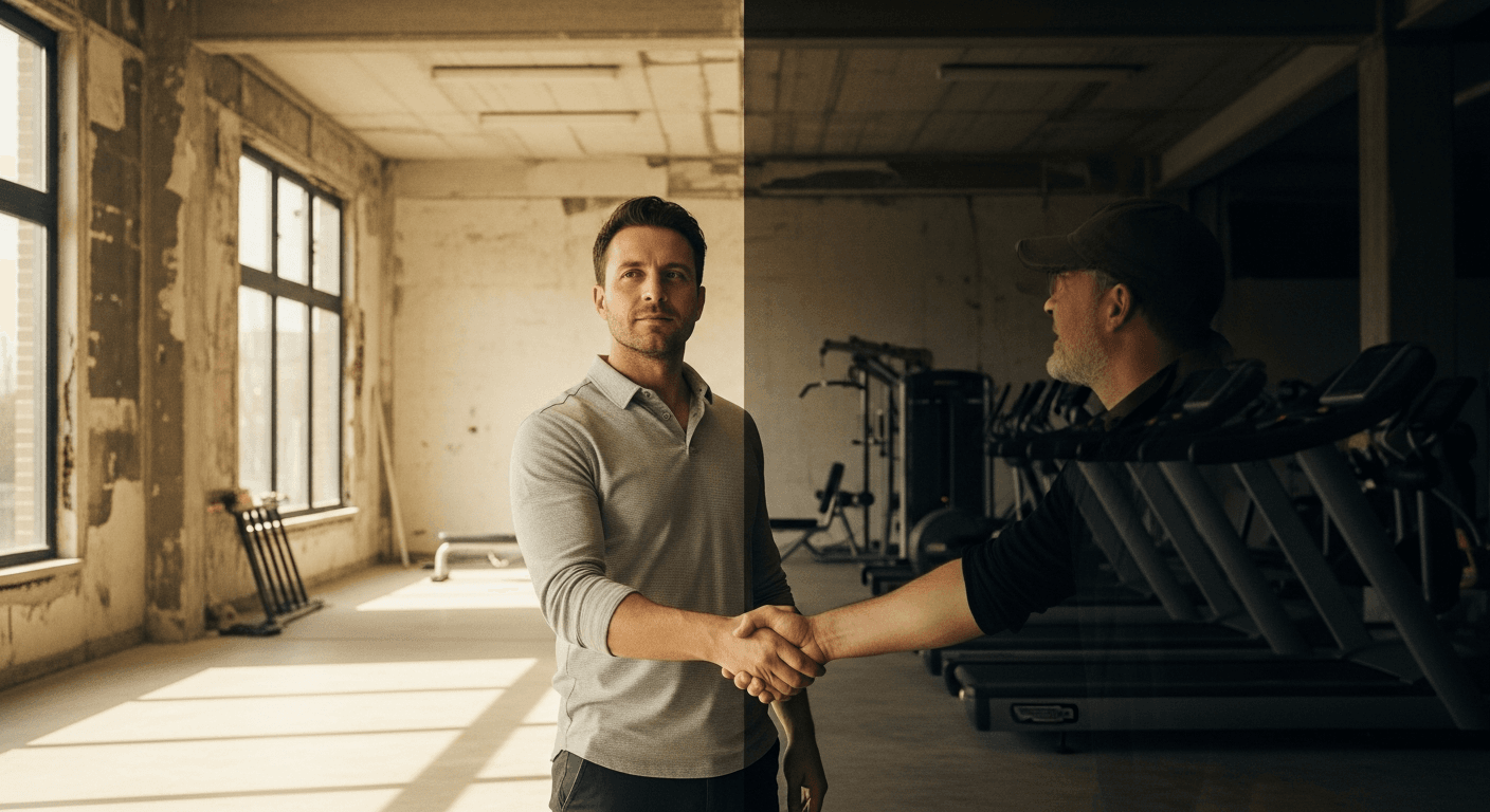 Franchise operator and contractor shake hands inside a gym undergoing conversion, with renovation and new equipment visible in background.