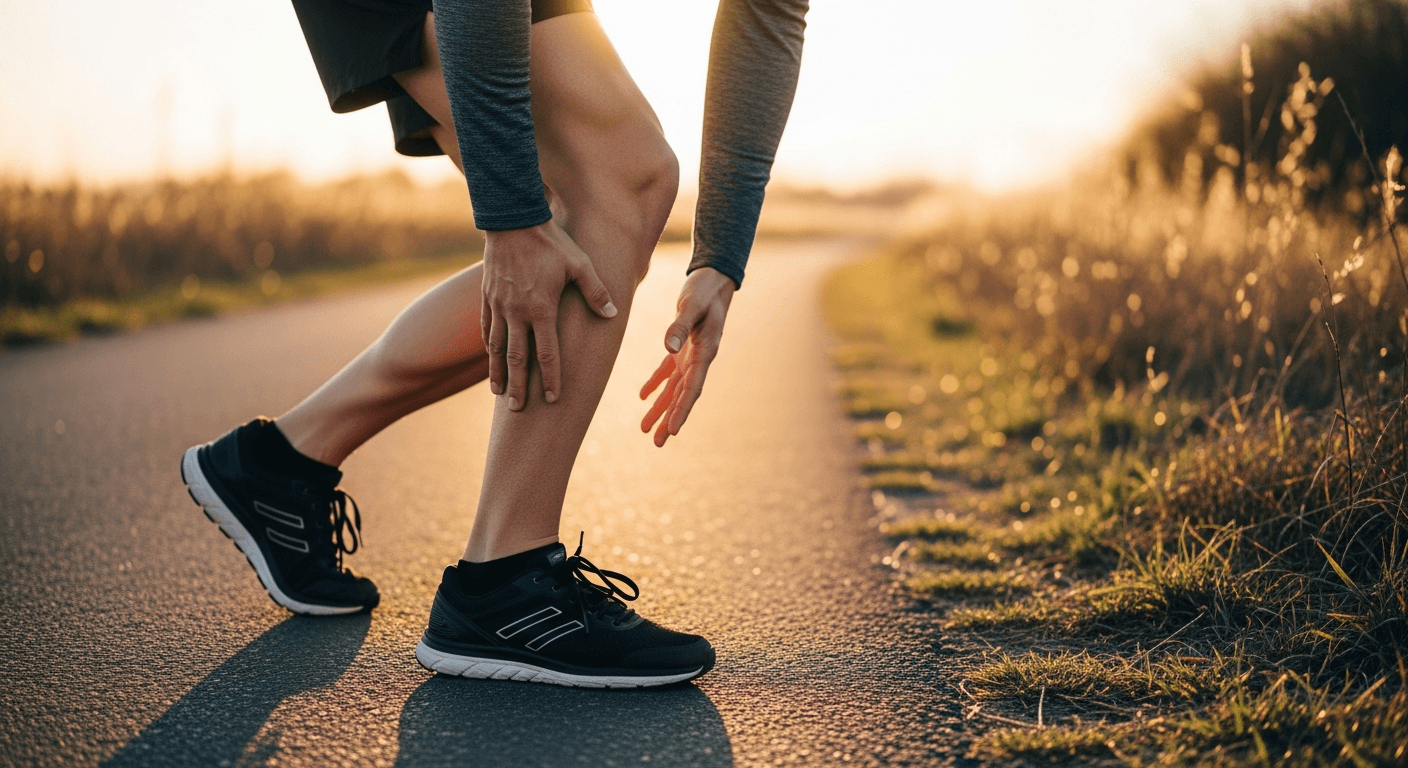 Runner mid-stride clutching calf in pain, captured in warm golden-hour light during overexertion.