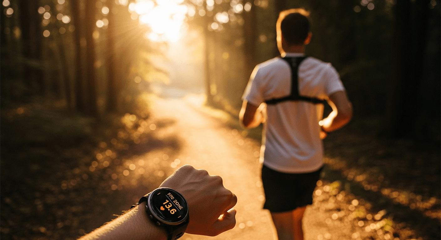 Runner from behind on shaded forest trail wearing GPS watch, bathed in warm golden-hour light.