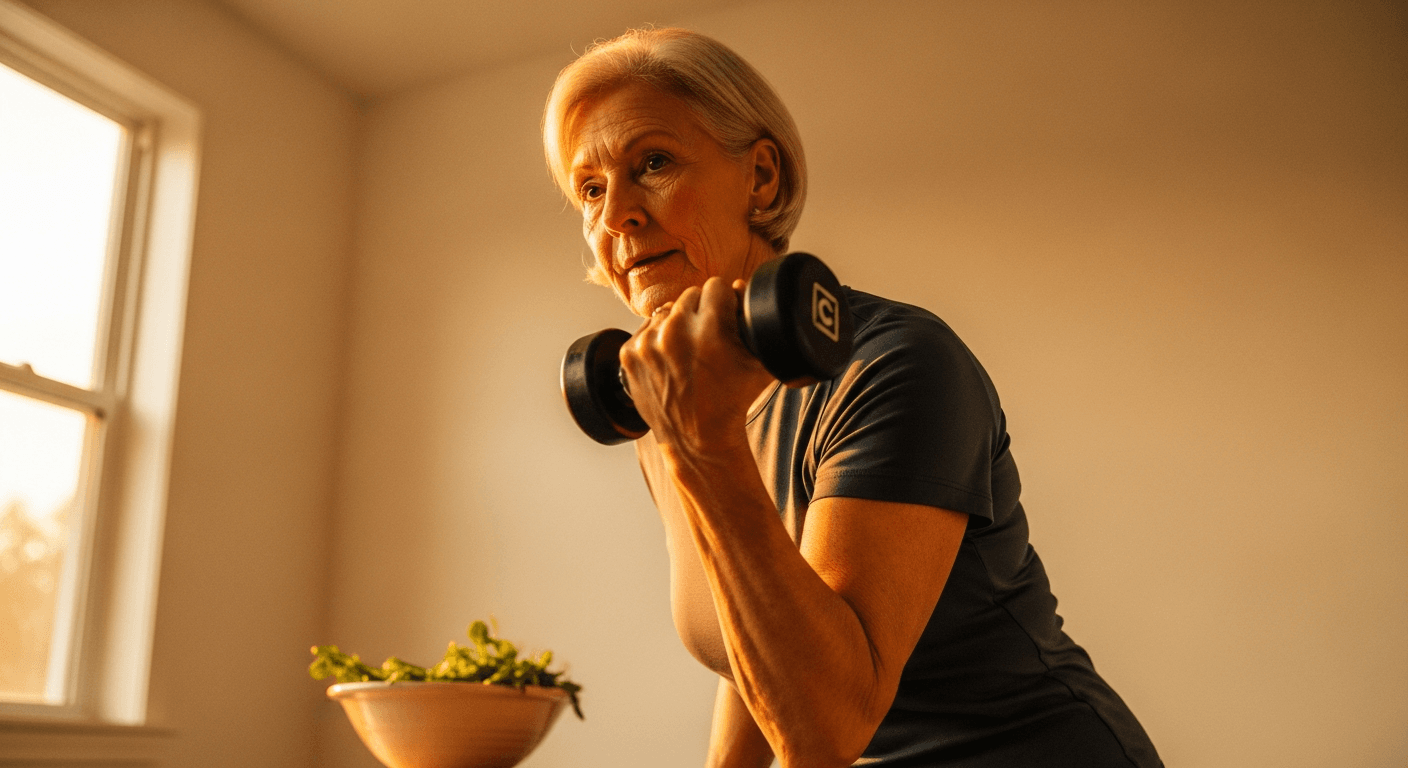 Older woman performing a dumbbell curl in golden light with a blurred bowl of greens in the background.