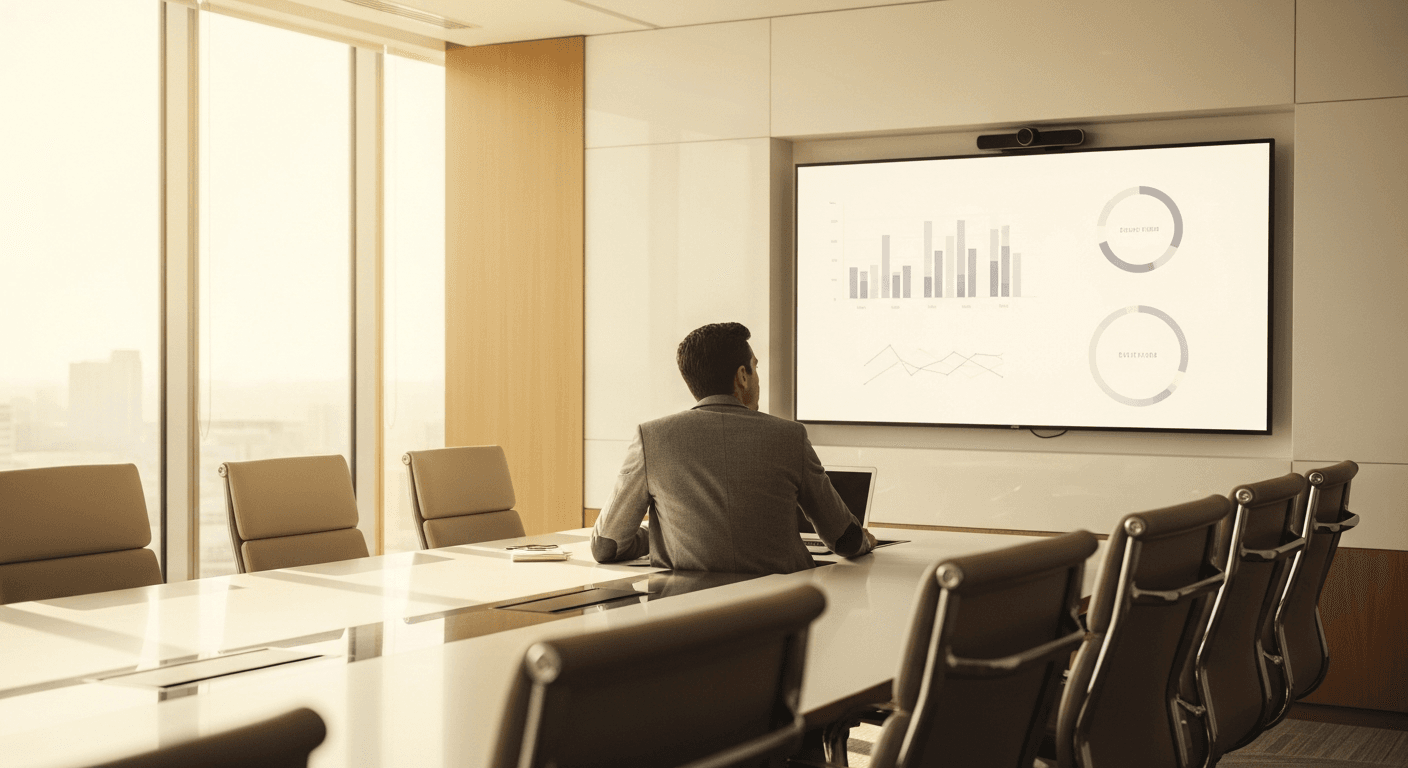 An HR leader in a blazer views abstract data charts at a polished boardroom table in warm light.
