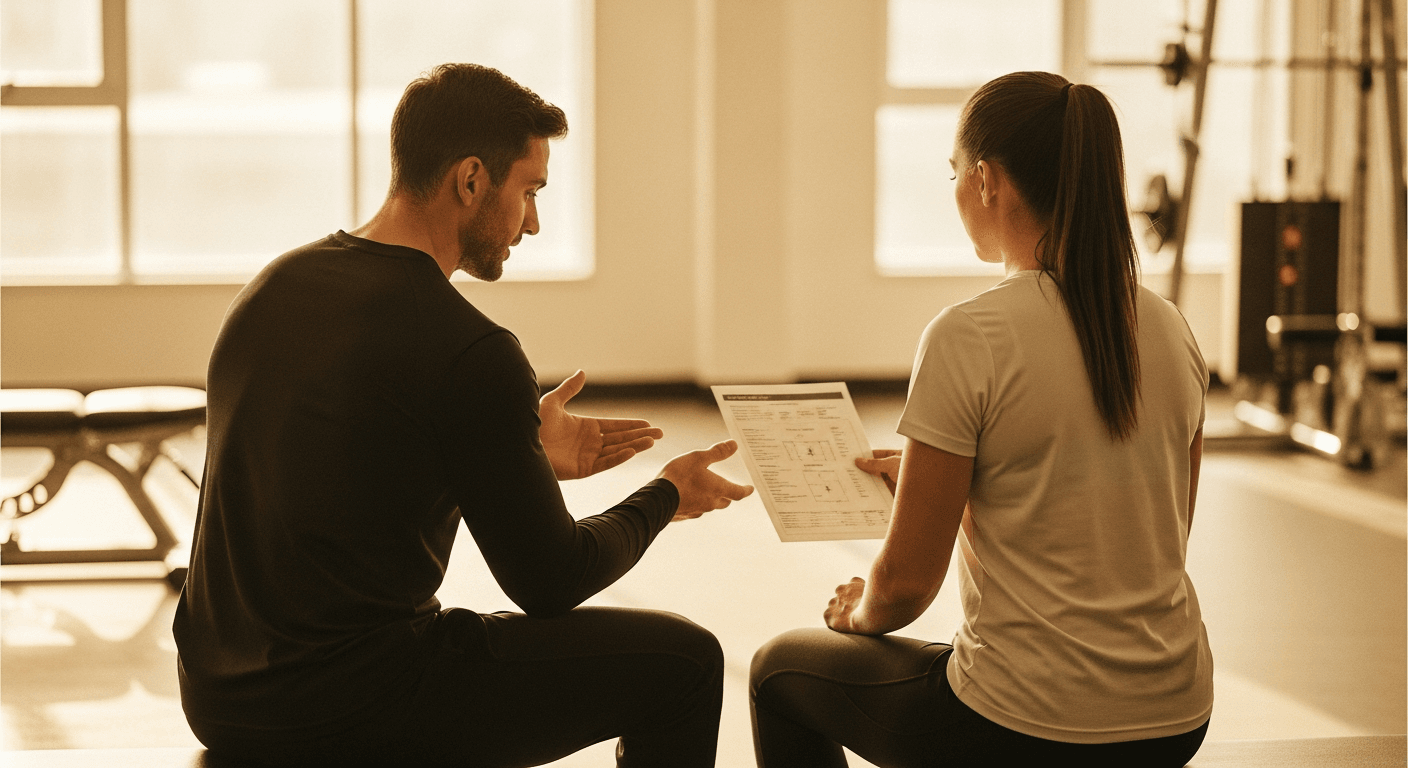 A personal trainer and client sit together reviewing a training program in a gym setting with natural light.