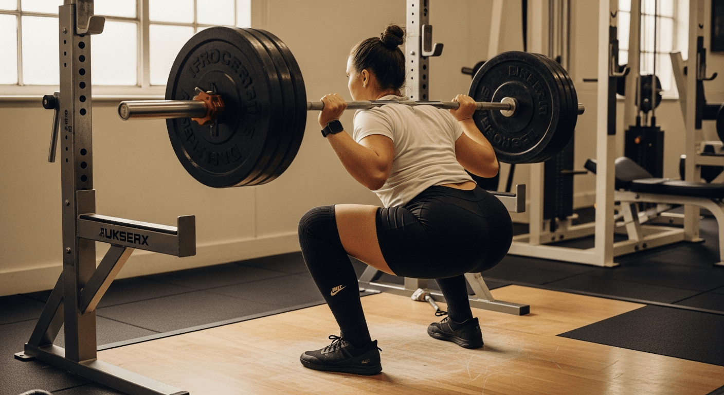 Person performing a heavy barbell back squat in a gym with warm natural light.