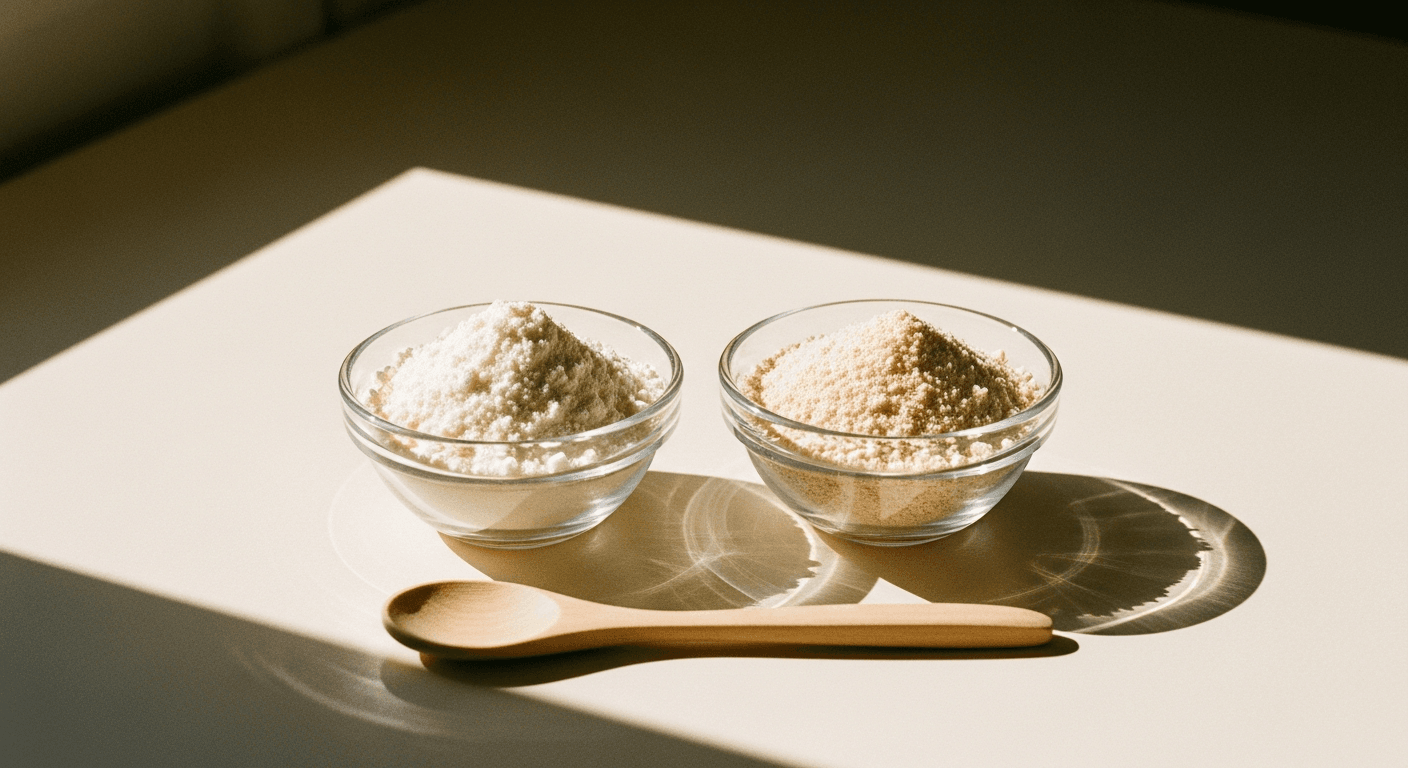 Two glass bowls side by side containing white whey powder and off-white collagen peptides with a wooden spoon between them.