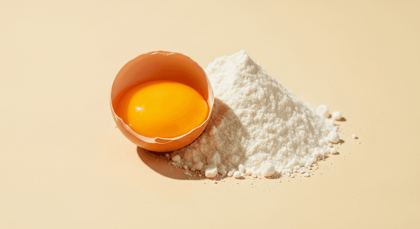 A cracked raw egg with a gleaming golden yolk surrounded by white protein powder on a warm cream surface.