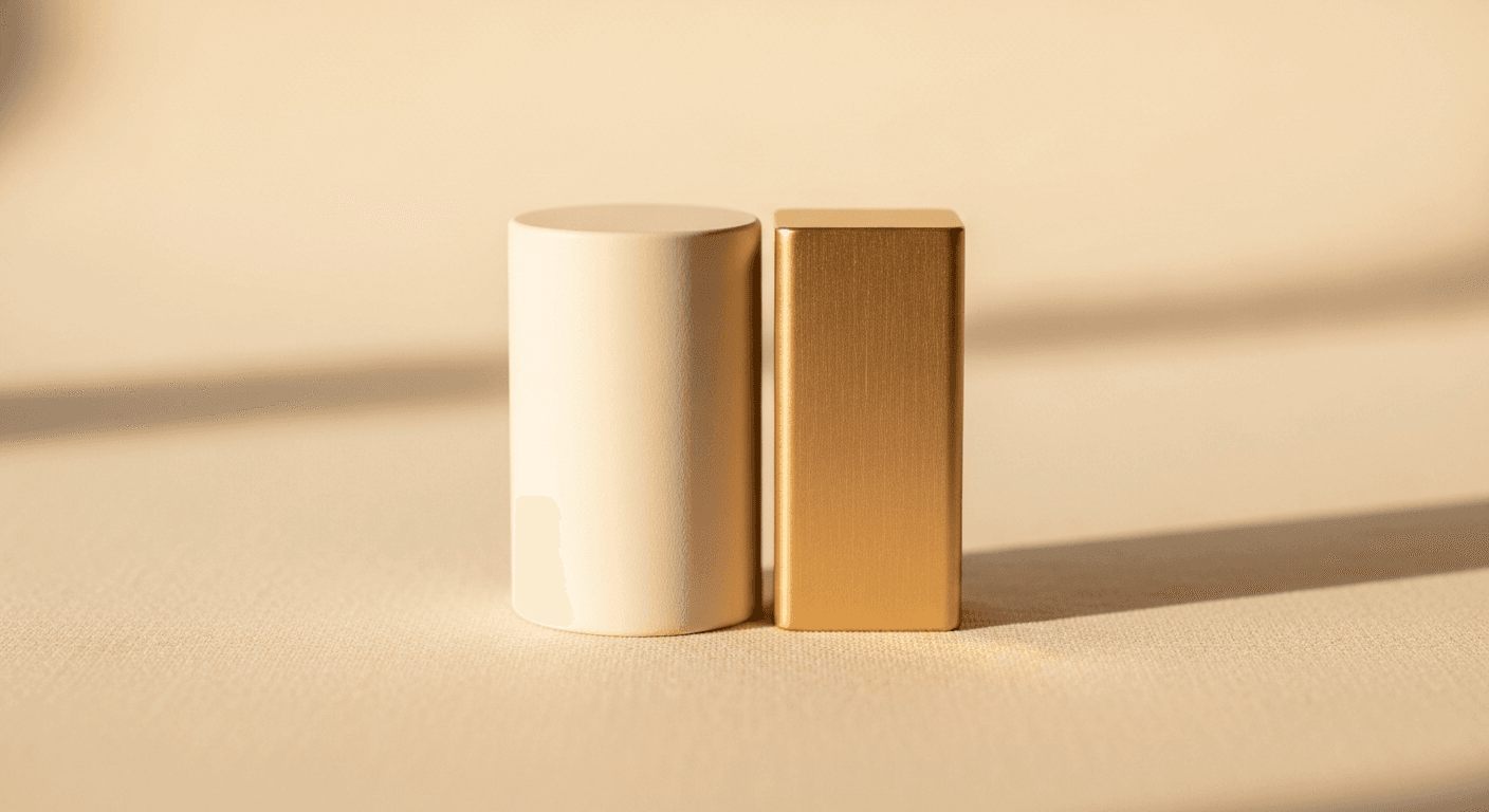 Two geometric shapes in gold and ivory aligned closely on a warm cream surface.