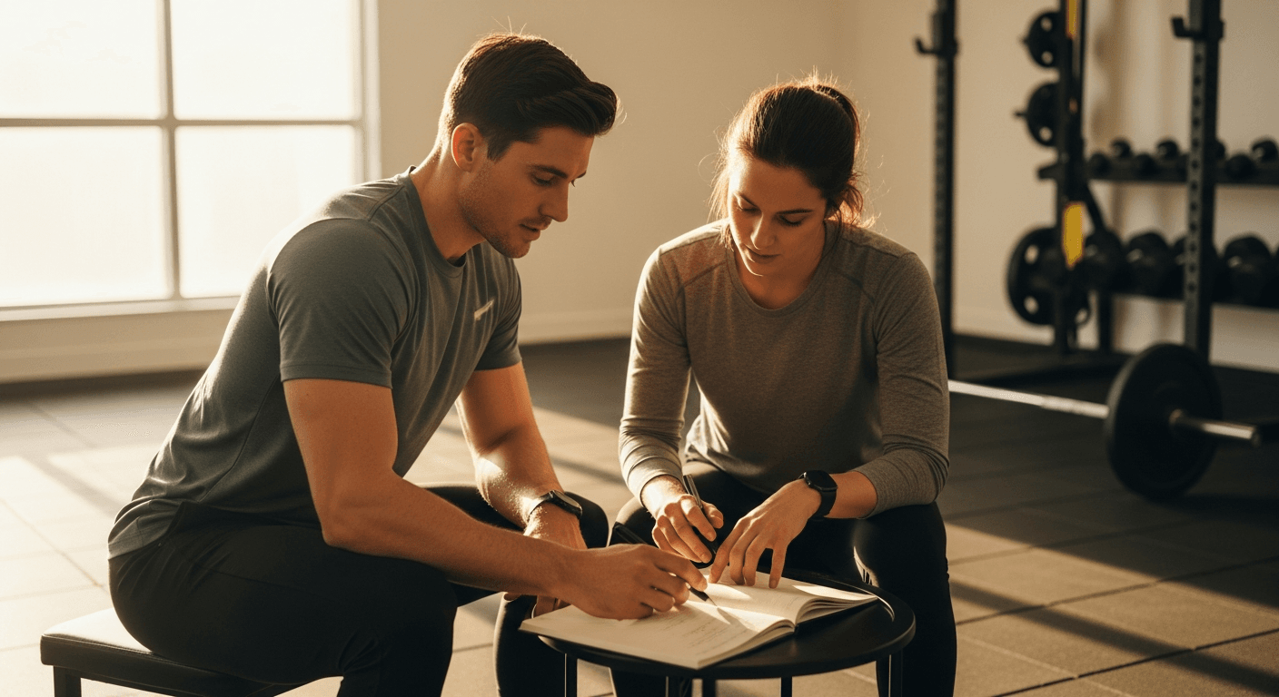 A personal trainer and client review notes together in a gym, illuminated by warm golden morning light.