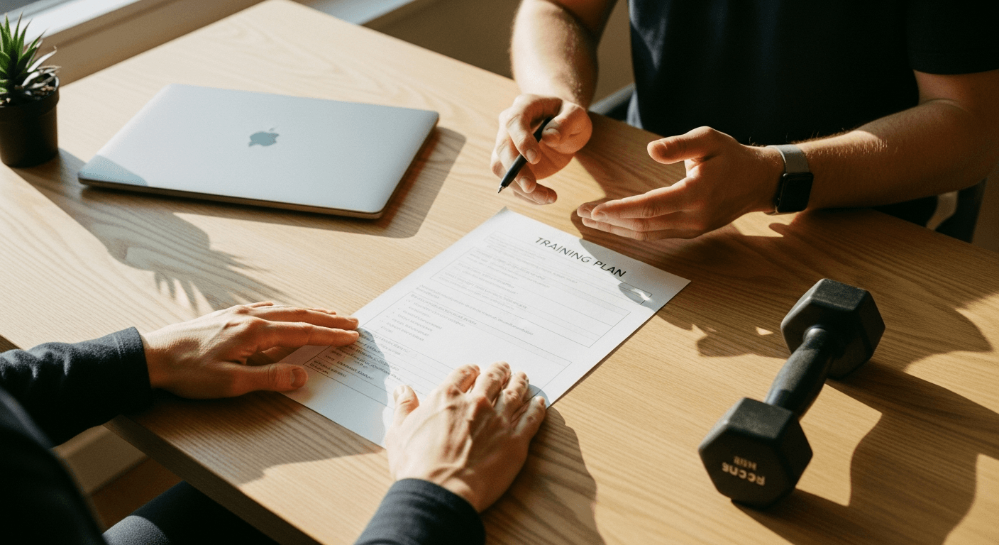 Coach's hands gesture over a printed training plan on a desk with a laptop and dumbbell in warm morning light.